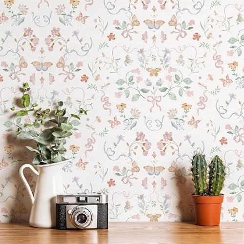Peel and Stick Wallpaper for Nursery White Cute Bow Leaf Waterproof - color: White, size: 17.3" x 78.7"