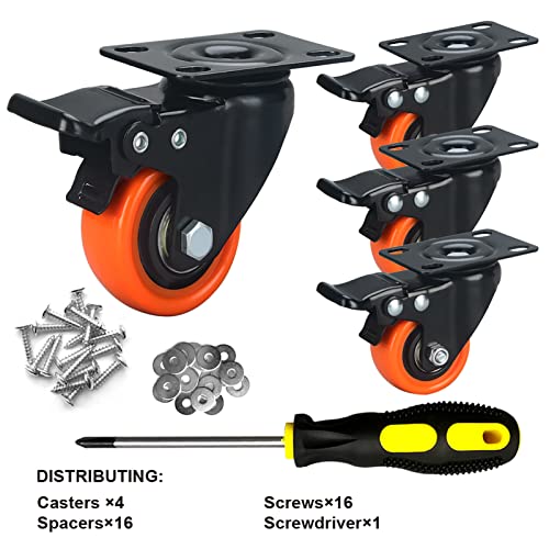 2" Caster Wheels Set of 4, Heavy Duty with Brake - color: Orange, size: 2 Inch