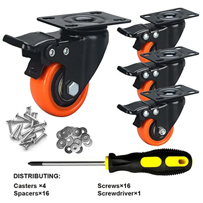 2" Caster Wheels Set of 4, Heavy Duty with Brake - color: Orange, size: 2 Inch