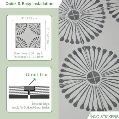 16-Sheet Peel and Stick Floor and Wall Tile, 9" x 9" Gray Stone Composite Self Adhesive Vinyl Flooring, Patterned Flower Groutable Backsplash Tile for Kitchen Bathroom Shower - color: Gray