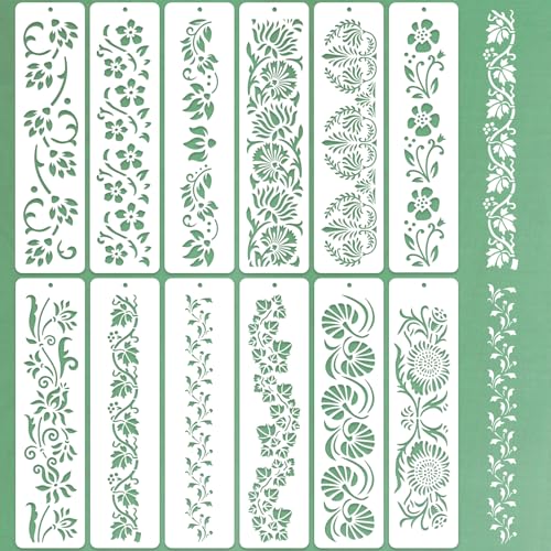 12 Pcs Large Flower Border Stencils for Painting, Reusable Plastic Floral Edge Baking Decorating Vine Stencil Tool, Painting Templates for DIY Cake Wood Wall Tile Furniture Canvas Craft, 3" x 11.8"