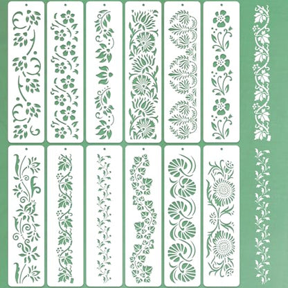 12 Pcs Large Flower Border Stencils for Painting, Reusable Plastic Floral Edge Baking Decorating Vine Stencil Tool, Painting Templates for DIY Cake Wood Wall Tile Furniture Canvas Craft, 3" x 11.8"