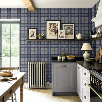 NextWall Harry & Grace Herringbone Plaid Premium Matte Non-Woven Peel and Stick Wallpaper (Blue Smoke) - color: Blue Smoke