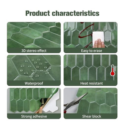 Alwayspon 10 Sheets 12" x12inch Emerald Green 3D Vinyl Backsplash Tiles, Self-Adhesive Peel and Stick Wall Tile Stickers Stick on Subway Tiles for Kitchen Bathroom Wall - color: Emerald Green