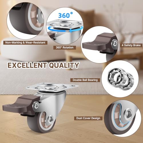 W B D WEIBIDA 1 Inch Rubber Casters Wheels for Furniture, Plate Swivel Casters Set of 4, Low Profile Casters with Brakes, Soft and Non-Skid Wheels for Bins, Bottom Storage Box, Furniture - size: 1IN TPR