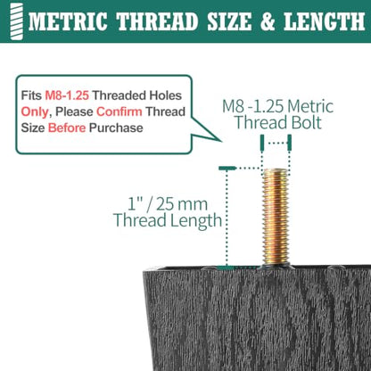 4pcs Plastic Square Legs 6" with Plate Nuts, M8-1.25 Thread - size: 6 Inch, M8-1.25 Metric Bolts