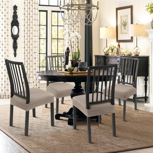 SearchI Dining Chair Seat Covers Set of 4, Rear Covered, Check Khaki - color: Check Jacquard Khaki