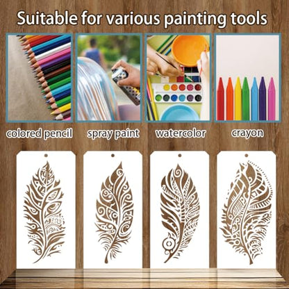 12 Pcs Painting Stencils, 12 Styles Feathers Pattern Stencil Templates Reusable Craft Templates for Painting on Wall Decor Fabric Wood Canvas - style: Feathers