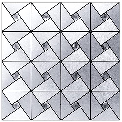 Art3d Peel & Stick Backsplash， Metal Mosaic Tiles, 10 pcs, Silver Windmil - color: Silver, size: 12x12 Inch