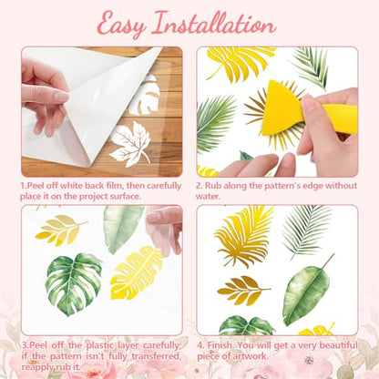 Peacoblue Tropical Green Gold Leaves Rub On Transfers for Furniture 6"x12" - style: Tropical Green Gold Leaves