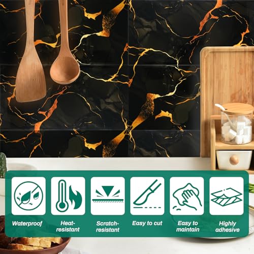 12pcs Peel and Stick Black and Gold Tiles for Backsplash, 11.8" x 23.6" - color: Black/Gold, size: 23.6" x 11.8" x 2.2mm