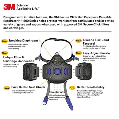 3M Reusable Respirator HF-802SD, Secure Click Half Face Respirator, Medium - style: Medium