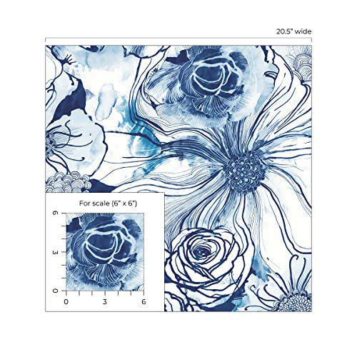 NextWall Harry & Grace Ink Rose Abstract Floral Peel and Stick Wallpaper (Celtic Blue) - color: Celtic Blue