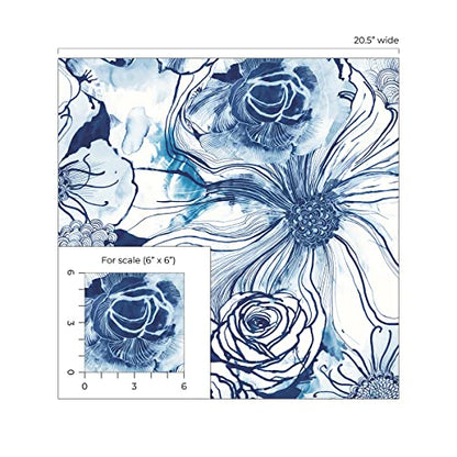 NextWall Harry & Grace Ink Rose Abstract Floral Peel and Stick Wallpaper (Celtic Blue) - color: Celtic Blue