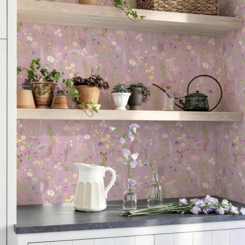 JiffDiff Purple Botanical Floral Peel and Stick Wallpaper, 17.3" x 118" - color: Purple, size: 17.3" x 118"