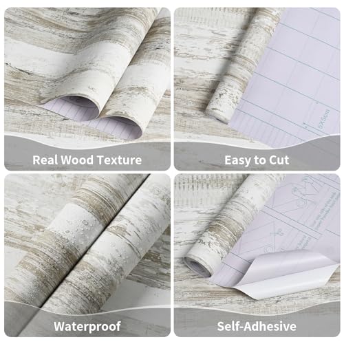 WENMER White and Brown Rustic Wood Grain Wallpaper, 17.3" x 118", 14.1 sq.ft. Peel and Stick, Waterproof, Multi-Surface Use (Pack of 4) - size: 17.3" x 118" (Pack of 4)