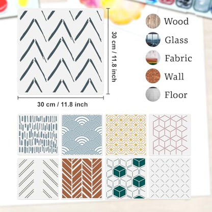 9Pcs Modern Geometric Wall Stencil Templates 11.8 x 11.8 Inch Reusable Plastic Simple Style Stencils for Painting on Wood Wall Floor Tile Fabric Glass Furniture, DIY Home Decor or Craft Stencil - style: Modern Geometric B
