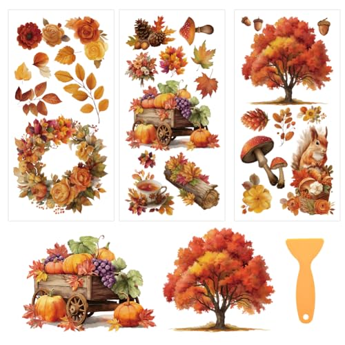 3 Sheets Autumn Rub on Transfers for Crafts and Furniture 12×6inch Vintage Fall Leaves Squirrel Furniture Transfer Stickers for Wood Cabinet Dressers Home Decor - style: Fall Maple Leaves