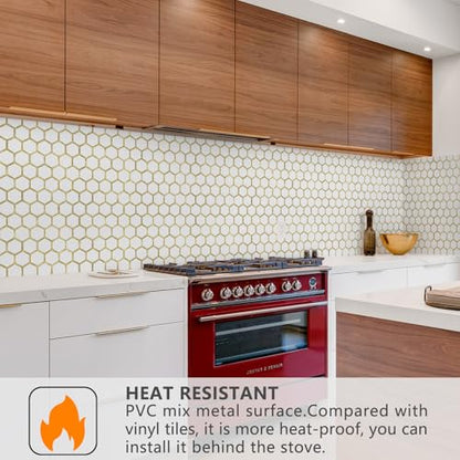 STICKGOO Hexagon Peel and Stick Backsplash Tile, Stick on Backsplash for Kitchen and Bathroom, Pure White PVC Mixed Metal Gold Self Adhesive Wall Tiles(10 Sheets, Seamless) - color: Pure White with Metal Gold