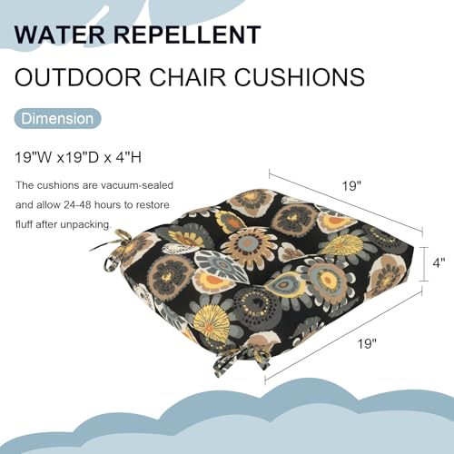 DYTXIII Set of 2 Outdoor Chair Cushions 19"x19"x4", Water Repellent Tufted Patio Seat Cushions with Ties, Thick Replacement Pads for Wicker Dining Chairs, Patio Furniture, Black Yellow Crosby - color: Black Yellow Crosby