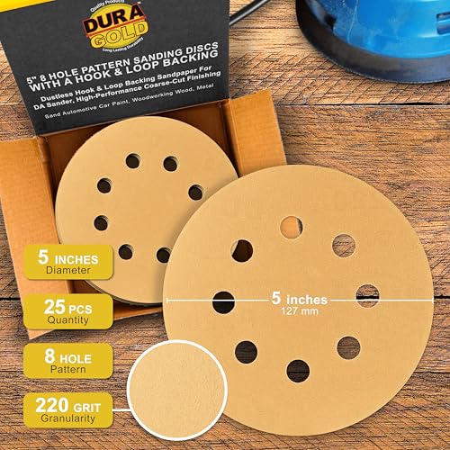 Dura-Gold 5" Gold Sanding Discs, 220 Grit, Box of 50, 8 Hole Pattern, H & L - size: 220-Grit - Gold