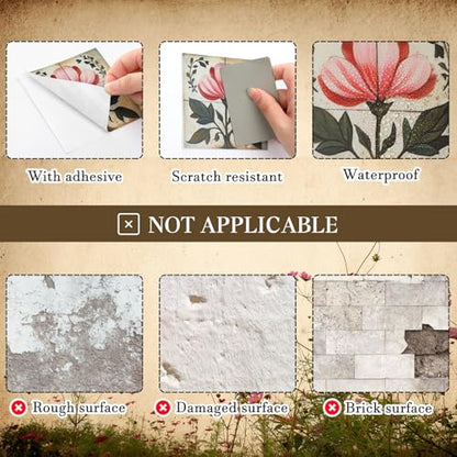 Faccito 24 Pcs Boho Flower 4x4 Tile Stickers Peel Stick Wall - style: Boho Flower