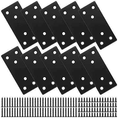 Mending Plate, Metal Steel Flat Straight Brace Bracket, Black Double-Wide Joining Plate for Wood Furniture Fastening & Fixing with 2 Sets of Screws of Different Lengths(30x70mm, 10 Pack) - size: 1.2 × 2.7 inches