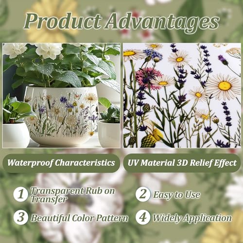 WANDIC 3 Sheets UV DTF Rub on Transfer Stickers, Horizontal Wildflower 3D Cup Warp Waterproof Decals for Glass Bottle Furniture Crafts,15 * 30cm - color: Wildflower Butterfly