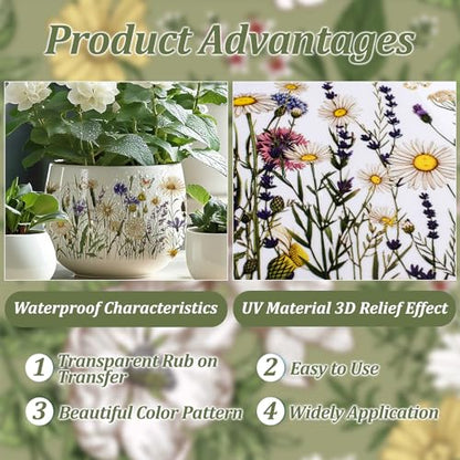 WANDIC 3 Sheets UV DTF Rub on Transfer Stickers, Horizontal Wildflower 3D Cup Warp Waterproof Decals for Glass Bottle Furniture Crafts,15 * 30cm - color: Wildflower Butterfly
