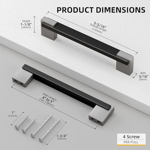 Rergy 20 Pack 4 Or 5 Inch Hole Spacing Black and Nickel Cabinet Pulls - color: Black and Brushed Nickel, size: Hole Center: 4in(102mm) and 5in(128mm)
