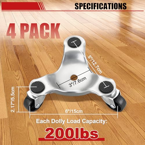 Set of 4 Steel Tri Dolly Caster, 800lbs 3 Wheel Furniture Mover Dolly, Heavy Duty Furniture Mover’s Rollers Smoothly for Moving Cabinet, Table, Appliances, 6 Inch