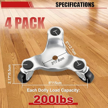 Set of 4 Steel Tri Dolly Caster, 800lbs 3 Wheel Furniture Mover Dolly, Heavy Duty Furniture Mover’s Rollers Smoothly for Moving Cabinet, Table, Appliances, 6 Inch