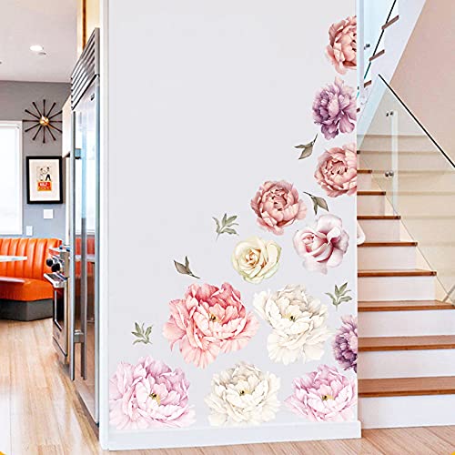 Large Floral Wall Decals, 15 Peonies Flower Set Stickers for Bedroom, Living Room, Nursery, Elegant Floral Decals for Home Decor, Boho Botanical Style - color: Ap-wd126