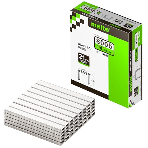 meite 21 Gauge 1/2-inch Crown Upholstery Staples, 304 Stainless Steel with 1/4-inch Leg Length, Heavy Duty Staples for Staple Gun MT8016 (10 Boxes) - size: 1/4" (6 mm), style: 1 Case (10 Boxes)