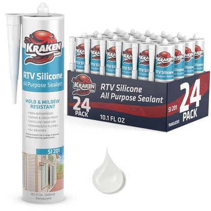 Kraken Bond RTV Silicone Sealant Translucent (24 x 10.1 fl.oz.)%100 Waterproof Silicone Caulk Kitchen and Bathroom, All Purpose, Window Caulking Sealant Outdoor, RV, 24 Pack - size: 24 Pack