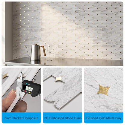 Peel and Stick Backsplash Tiles, 10-Sheet BPA-Free PVC White Mixed Gold Stellate, 12"x12" Waterproof Heat Resistant Geometric Flower Tile for Kitchen Bathroom Fireplace RV - color: White Mixed Gold Stellate