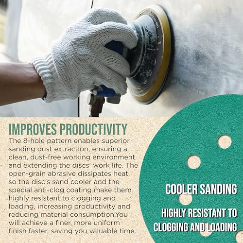 Dura-Gold 5" Green Film Sanding Discs, 80 Grit, 8-Hole, Box of 50, H & L - style: 80 Grit