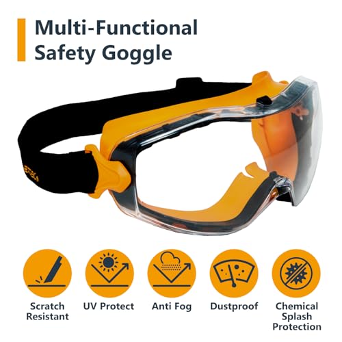 POWERTEC Safety Goggles, Scratch Proof UV Protection Anti-fog Safety Goggles, Chemical Splash Protective Eyewear W/Adjustable Headband for Woodworking, Mowing, Construction (71563)