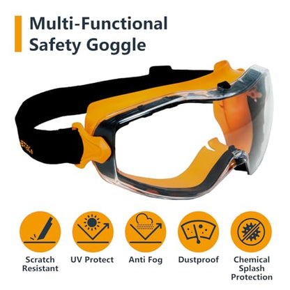 POWERTEC Safety Goggles, Scratch Proof UV Protection Anti-fog Safety Goggles, Chemical Splash Protective Eyewear W/Adjustable Headband for Woodworking, Mowing, Construction (71563)