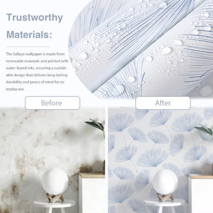 Safiyya Blue and White Peel and Stick Wallpaper Dandelion 17.3in x197in Contact Paper Peel and Stick Wall Paper Modern Boho Self Adhesive Removable Vinyl Wallpaper for Bedroom Bathroom - color: Blue/White, size: 17.3" x 197"