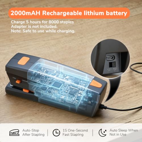 Rechargeable Electric Stapler, 25 Sheet Capacity, Quiet Operation, Jam-Free and Easy Reload, Includes 1000 Staples, Black