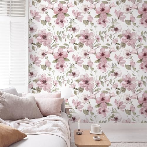 17.3''x78.7''Peel and Stick Wallpaper Boho Floral Contact Paper Pink Watercolor Flowers Leaf Wallpaper Removable Self-Adhesive Wall Paper for Bedroom Renter Friendly Vinyl