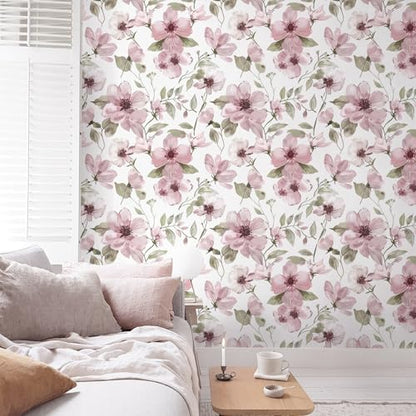 17.3''x78.7''Peel and Stick Wallpaper Boho Floral Contact Paper Pink Watercolor Flowers Leaf Wallpaper Removable Self-Adhesive Wall Paper for Bedroom Renter Friendly Vinyl