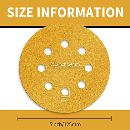 100 Pcs 5-Inch 8-Hole Hook and Loop Sanding Discs, 60/80/120/220/320 Assorted Grits Gold Sandpaper for Woodworking or Automotive 5 Inch Sanding Discs Gold Random Orbital Sander - style: Variety Pack-100 Discs