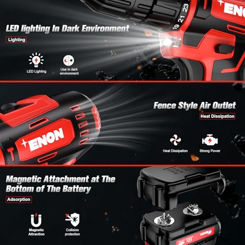 ENON Cordless Drill Set,12V Power Drill Set with Battery and Charger, Electric Driver/Drill Bits, 3/8'' Keyless Chuck,25+1 Torque Setting, 270 inch-lbs, with LED Electric Drill Set