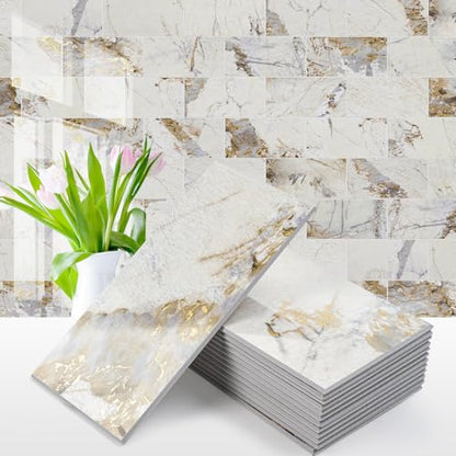 Vamos Tile 100-Pack Peel and Stick Backsplash Tile,3" x 6" PVC Subway Tile - color: Pandora Marble with Gold Veining