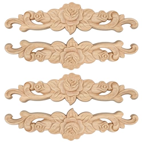 4 Pcs Wood Appliques Onlays Decorative - DIY Wood Appliques & Onlays, Long Wood Carved Appliques-Onlays for Cabinet Door, Bed, Wardrobe, Furniture Decoration7.87 x 1.97 inches