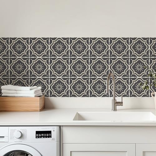 30 Count Moroccan Tile Decals 4 in – Self Adhesive Vinyl Wall Stickers, Waterproof Peel & Stick for Kitchen Backsplash, Bathroom, Stair Tread Accent, Neutral Tan/Black (Grey) - color: Grey