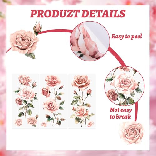 Flowers Rub On Transfers for Furniture and Crafts, 3pcs Pink Rose Flowers Transfers Stickers Waterproof Decals for Bookcase Wardrobe DIY Home Door - color: Pink Roses