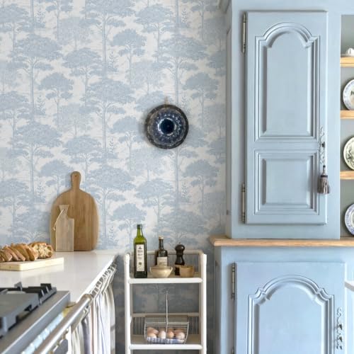 Ismoon Blue Peel Stick Wallpaper Forest Mural Toile Stick on Wallpaper - color: Dusty Blue, size: 17.3" x 393"
